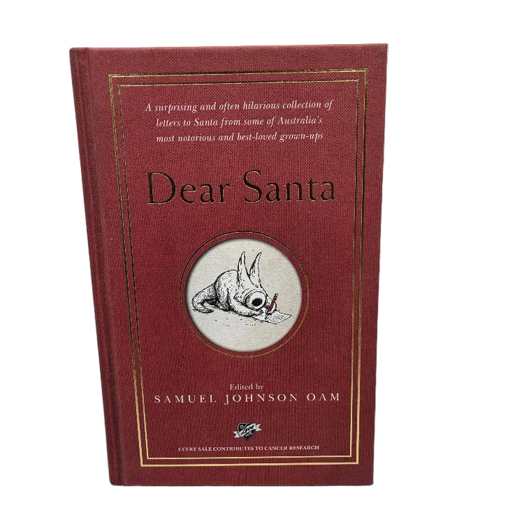A hardcover book titled 'Dear Santa' with a dark red cover, gold border lines, and a circular illustration of a creature writing a letter on the front.