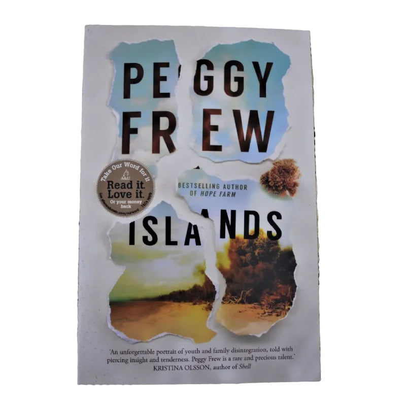 The image features the cover of a book titled "Islands" by Peggy Frew.