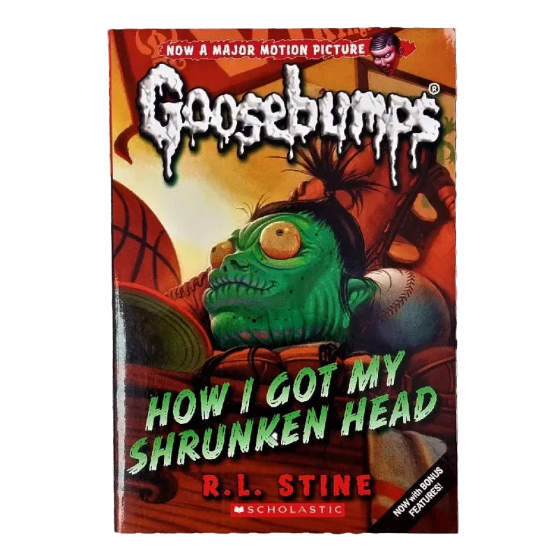 A Goosebumps book cover featuring a character with a shrunken head and the title 'How I Got My Shrunken Head' by R.L. Stine.