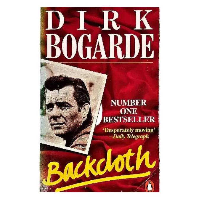 The cover of the book 'Backcloth' by Dirk Bogarde features a close-up portrait of the author with a red background. The book is a Penguin paperback publication from 1987.