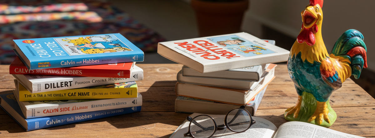 A styled tabletop scene with a stack of comic strip books, an open book, eyeglasses, and a colourful rooster figurine on a wooden table. 