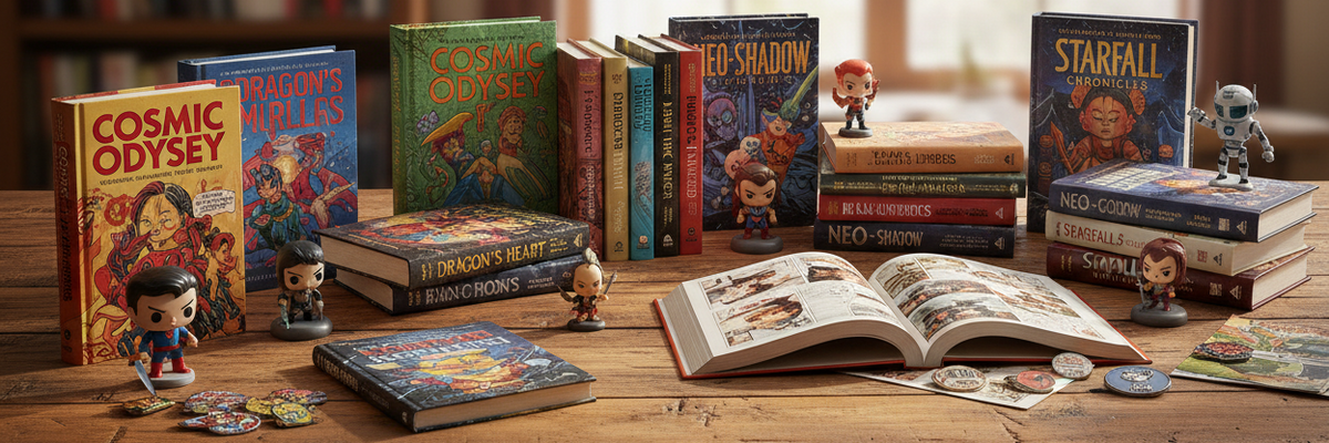 A collection of colourful graphic novels arranged on a wooden table with an open book, small figurines, and collectible pins in a warm, indoor setting.