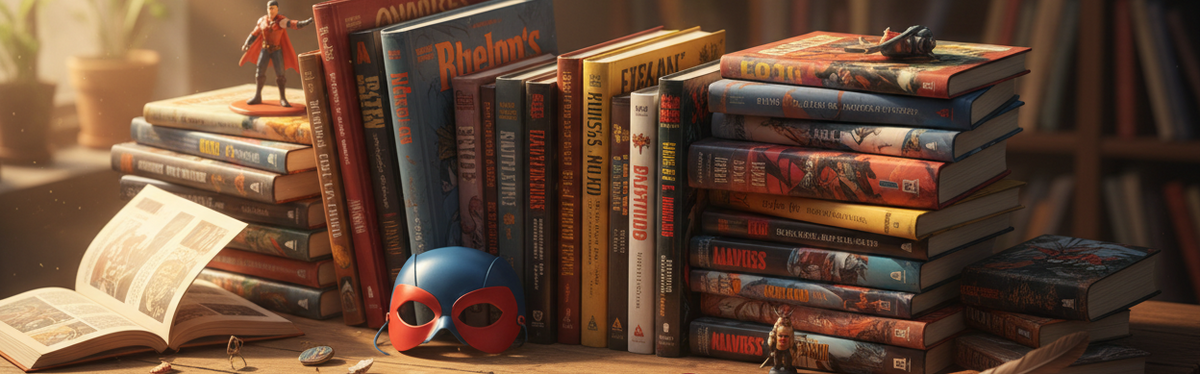 A styled tabletop scene in a library with two tall stacks of books, an open book, small figurines, and a blue-and-red mask. 