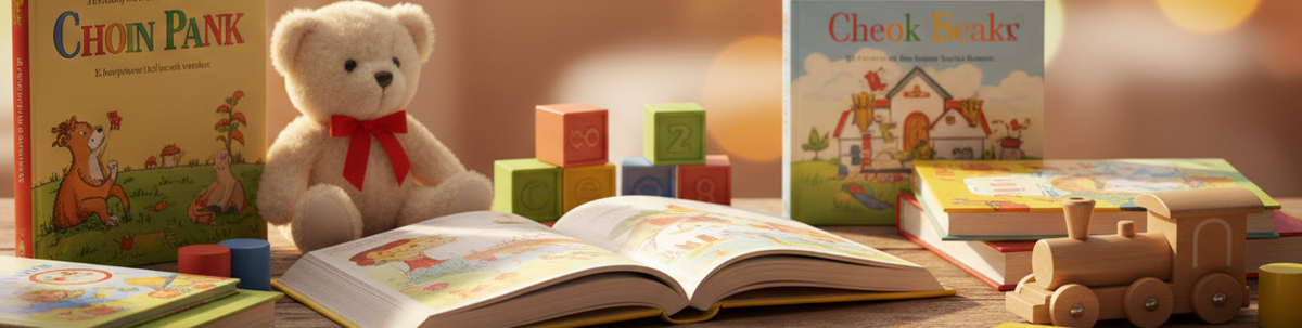 A cozy children's room scene with two children's books, an open book on a wooden table, a small teddy bear wearing a red bow, colourful toy blocks, a wooden train.