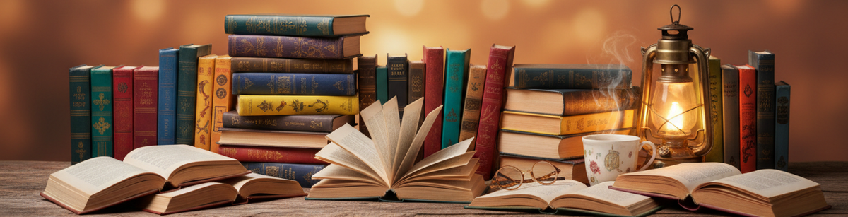 A styled arrangement of vintage hardcover books in various colours on a wooden surface, with several books open in the foreground, a glowing lantern, a small steaming cup, and a warm golden bokeh background.