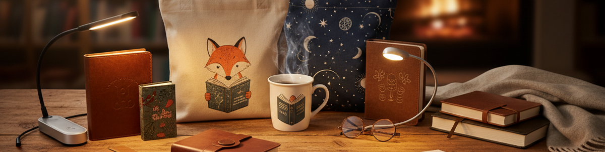 A tabletop arrangement of book-themed merchandise in a library: cream tote bag with a fox reading illustration, a dark blue starry tote bag, a white mug with a book graphic, several notebooks, glasses, a small lamp, and other reading accessories.