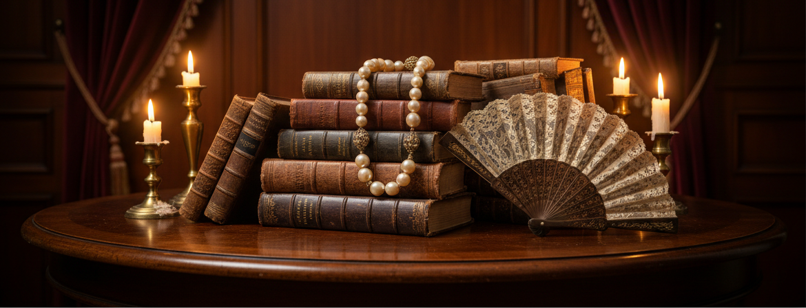 A styled product banner featuring a stack of antique leather-bound books, a vintage folding fan, and a pearl necklace on a wooden table, flanked by lit candles. 
