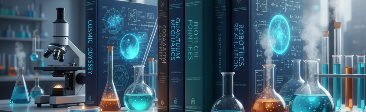 A stylized laboratory scene with several tall hardcover books standing on a table, alongside a microscope, flasks, and test tubes containing glowing blue and orange liquids. The books have futuristic titles.