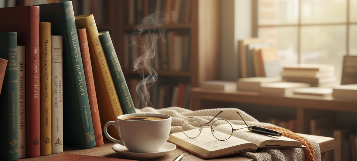 A study scene with a wooden table holding a white cup of steaming coffee, an open non-fiction book, eyeglasses, a pen, and a knitted blanket. Tall non-fiction books stand on a shelf to the left, with more books and a softly lit window in the background.