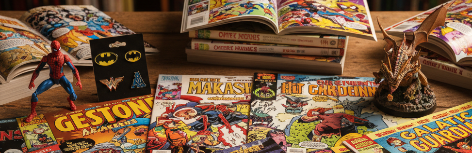 A collection of colorful vintage comic books and graphic novels arranged on a wooden table, with open comic books, a small superhero figure, and a dragon figure in the background. 