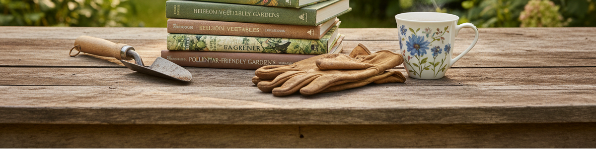 A stack of gardening books sits on a wooden table in a garden setting, accompanied by gardening gloves, a hand trowel, and a floral-patterned teacup. A semi-transparent banner at the top reads GARDENING BOOKS