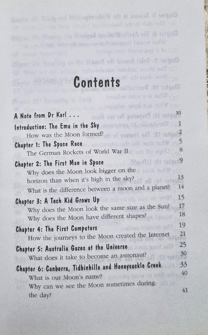 Contents example from To the Moon and Back by Bryan Sullivan and Jackie French
