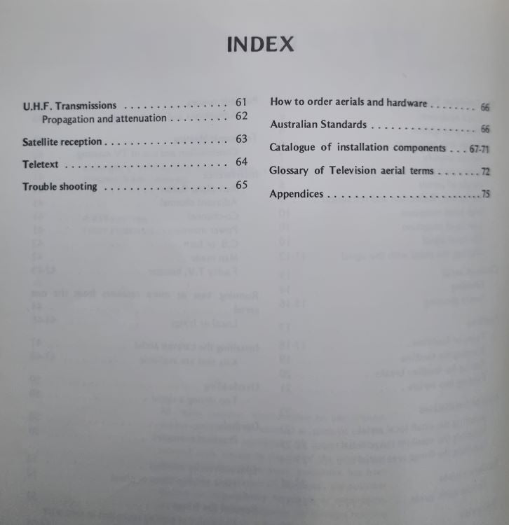 Second index page of TV & FM Aerial Installations for Australian Conditions by W. McManus
