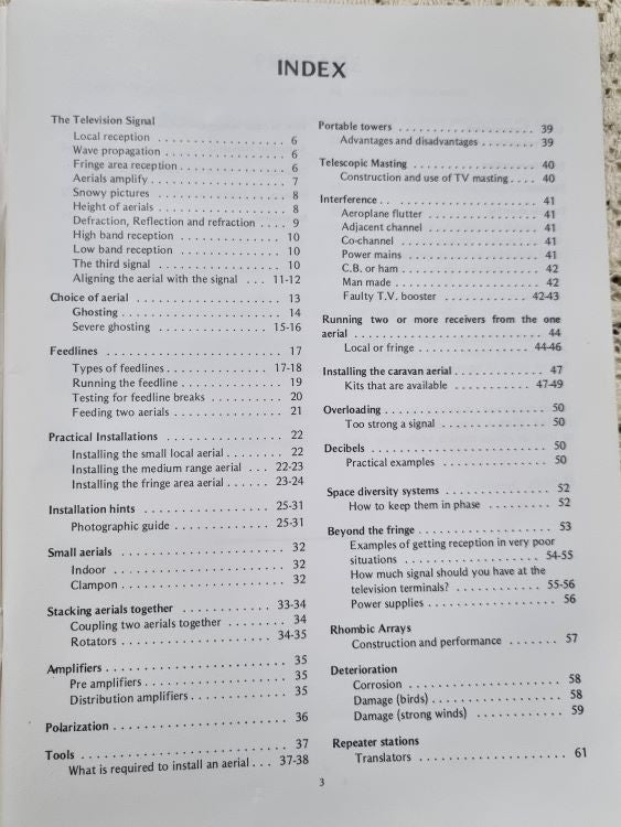 Index page of TV & FM Aerial Installations for Australian Conditions by W. McManus