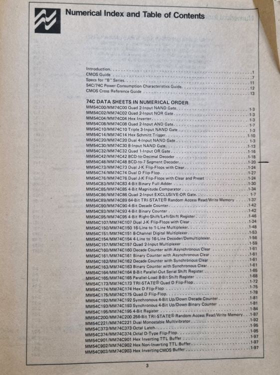 An example of the contents pages of CMOS Databook National Semiconductor