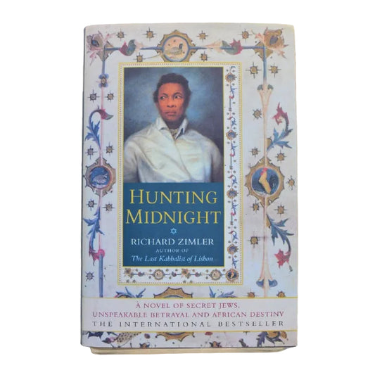 The cover image features a book titled 'Hunting Midnight' by Richard Zimler. The cover design includes a stylized illustration of a young man in a white shirt, with a decorative, ornate border and a midnight-blue backdrop.