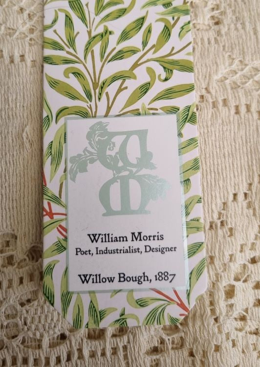 A close up of the text box of a bookmark of William Morris' Willow Bough design from 1887