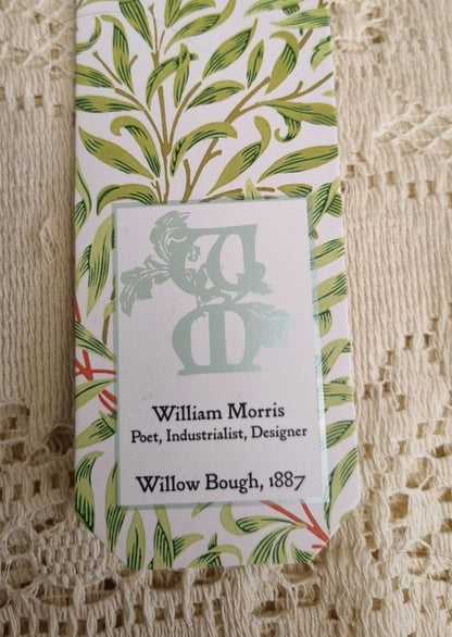 A close up of the text box of a bookmark of William Morris' Willow Bough design from 1887