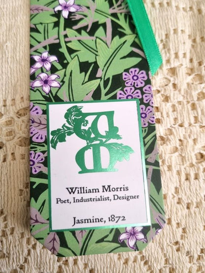 Close up of text box on a bookmark of William Morris' Jasmine design from 1872