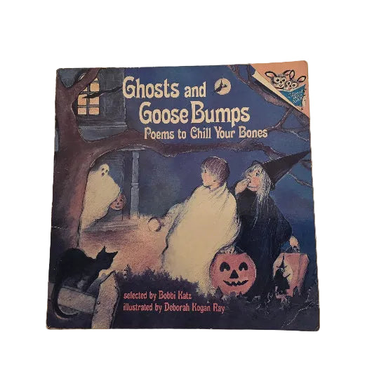 A children's picture book titled "Ghosts and Goose Bumps: Poems to Chill Your Bones". The cover features a Halloween illustration with a witch, ghost, pumpkin, and black cat on a dark blue background.