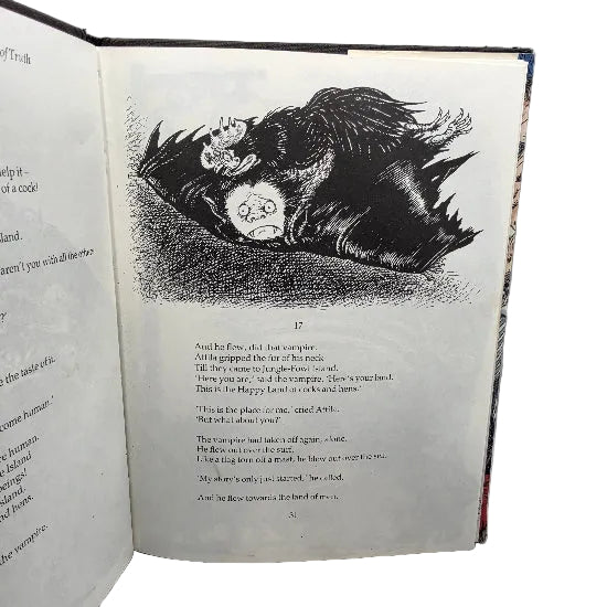 A page from the book showing a black-and-white illustration of a figure lying on the ground with a rooster on top of him. 