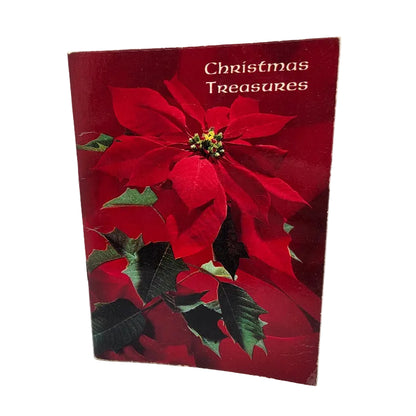 A Christmas-themed booklet cover titled 'Christmas Treasures' featuring a large red poinsettia and green leaves on a dark red background.