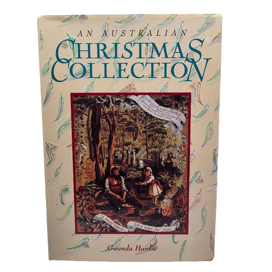 The book 'An Australian Christmas Collection' by Gwenda Hardie, featuring a beige cover decorated with green leaf patterns and a central illustration of a Christmas scene.