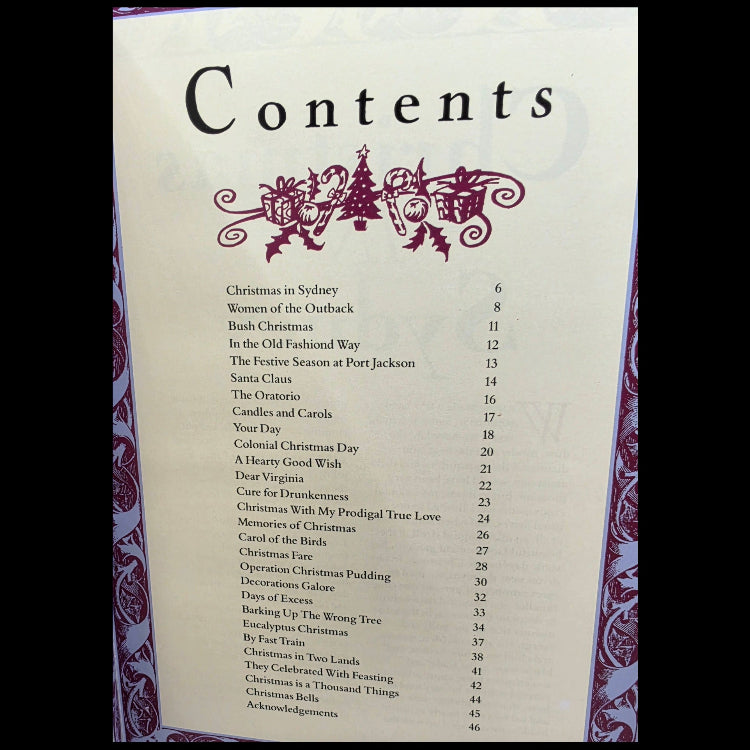 A printed table of contents page from a book or booklet, with the title 'Contents' at the top, decorative purple illustrations, and a list of chapter and article titles on an off-white page.