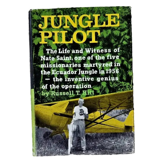 A book titled "JUNGLE PILOT" with a black-and-white photo of a man standing beside a yellow airplane, set against a green jungle background. 