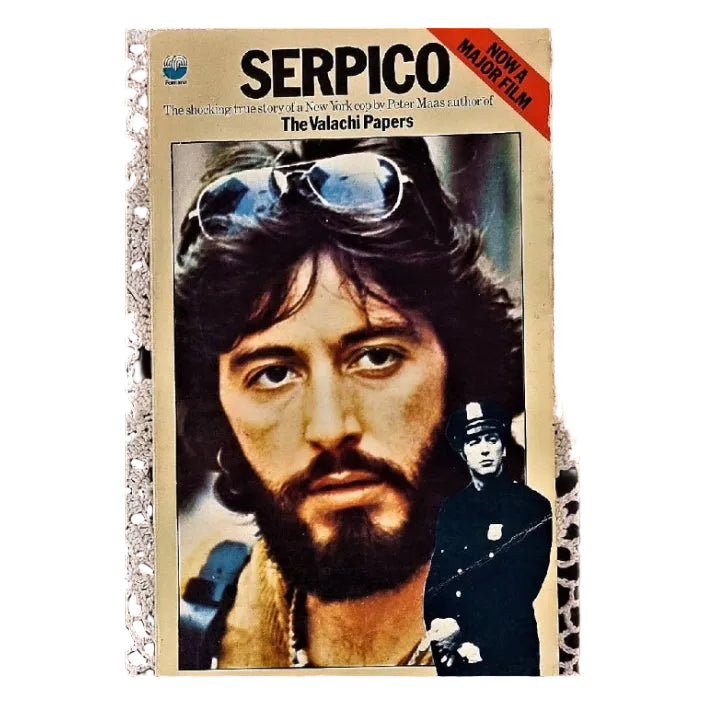 The cover of the book 'Serpico' features an image of Al Pacino, the main character, with a police officer in the foreground. 