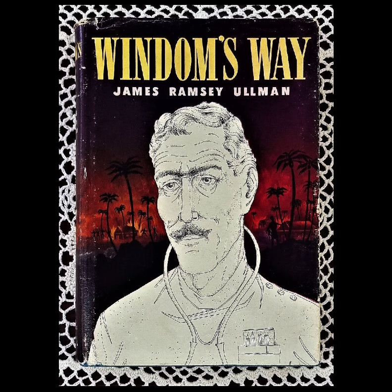 Hard cover book with dust jacket featuring a black and white illustration of a man's face, set against a tropical background with palm trees.