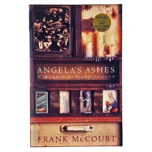 The cover of the book 'Angela's Ashes' depicts a worn, old photo album with a faded picture of a young girl on the cover, alongside statues and a blurred background.