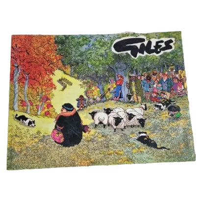 A colourful cartoon illustration featuring a  group of cartoonish figures and animals in a countryside setting.