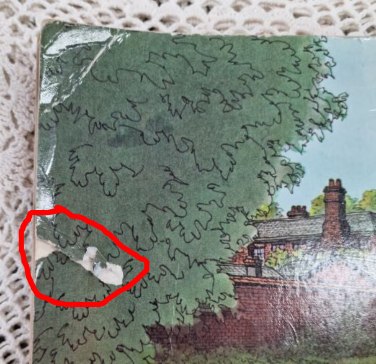 Top lefthand corner of a book cover showing damage.