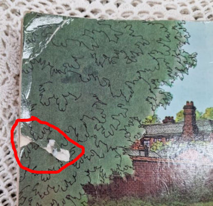 Top lefthand corner of a book cover showing damage.