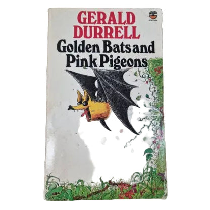 A paperback book titled 'Golden Bats and Pink Pigeons' by Gerald Durrell featuring a comic illustration of a bat on the cover.