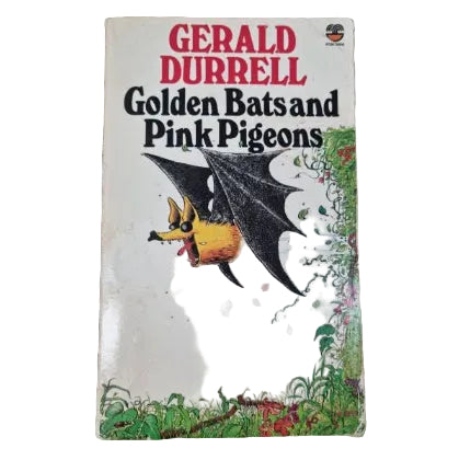 A paperback book titled 'Golden Bats and Pink Pigeons' by Gerald Durrell featuring a comic illustration of a bat on the cover.