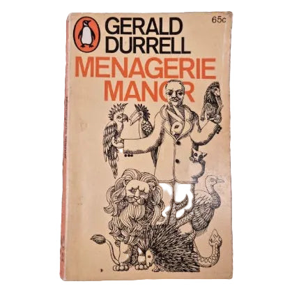 Paperback book cover of 'Menagerie Manor' by Gerald Durrell, featuring an illustration of a man in a suit with various animals around him.