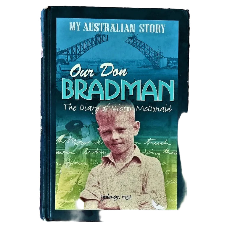 A book cover of 'Our Don Bradman: The Diary of Victor McDonald' showing a portrait of a young boy with a serious expression in front of a cricketer and the Sydney Harbour Bridge in a blue and green design.