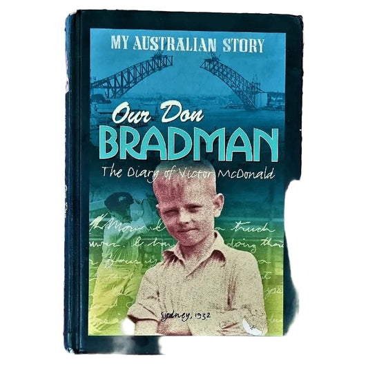 A book cover of 'Our Don Bradman: The Diary of Victor McDonald' showing a portrait of a young boy with a serious expression in front of a cricketer and the Sydney Harbour Bridge in a blue and green design.
