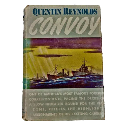 Dust jacket of the book 'Convoy' featuring an illustration of a warship on the cover with a yellow and purple tint.