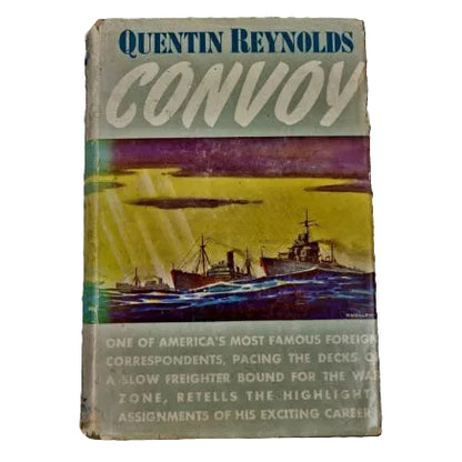 Dust jacket of the book 'Convoy' featuring an illustration of a warship on the cover with a yellow and purple tint.