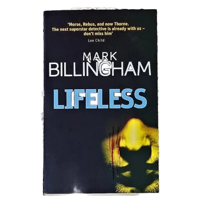 The cover of the book 'Lifeless' by Mark Billingham features a dark, blurred image of part of a man's face, predominantly in blue and black tones.