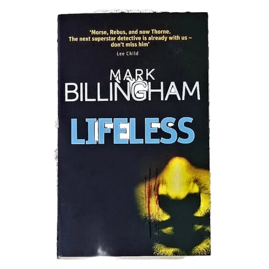 The cover of the book 'Lifeless' by Mark Billingham features a dark, blurred image of part of a man's face, predominantly in blue and black tones.