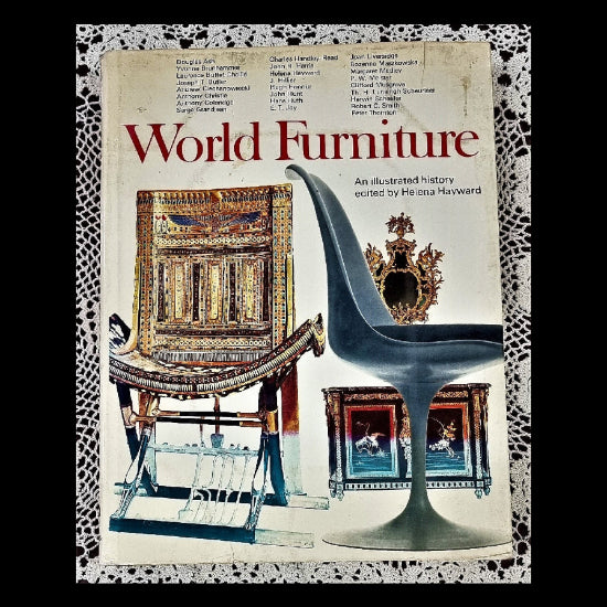 Cover of the book 'World Furniture: An Illustrated History' showing various furniture pieces and decorative elements with a historical context.
