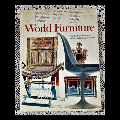 Cover of the book 'World Furniture: An Illustrated History' showing various furniture pieces and decorative elements with a historical context.