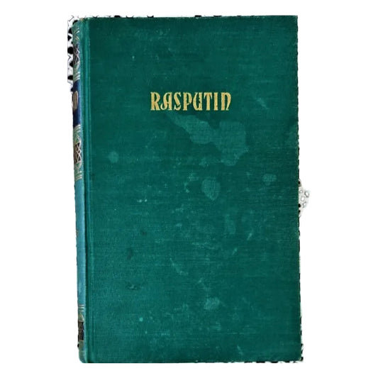 A vintage-style book cover titled 'RASPUTIN' in gold lettering on a dark teal-green textured cover.