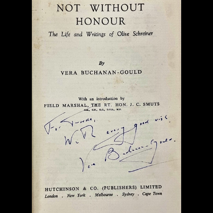 Title page  a book titled 'The Life and Writings of Olive Schreiner' by Vera B. Gould, showing the author's signature.
