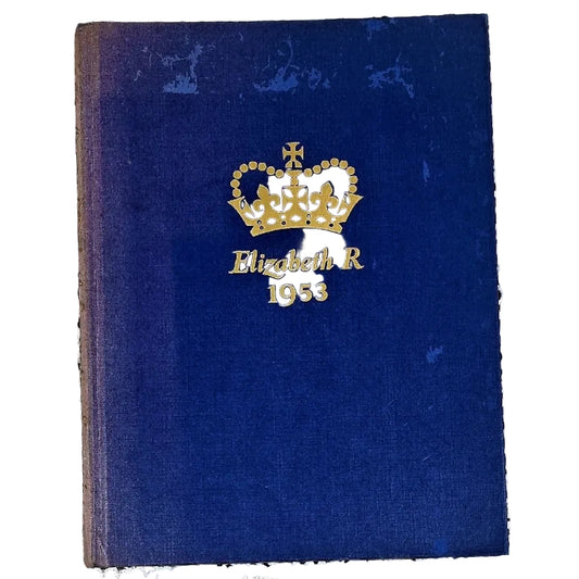 A dark blue hardcover book or album with gold foil embossed text reading 'Elizabeth R 1953' beneath a crown motif.