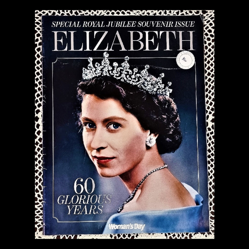 Magazine cover featuring Queen Elizabeth II with a crown on her head, titled 'Elizabeth 60 Glorious Years: Special Royal Jubilee Souvenir Issue'.